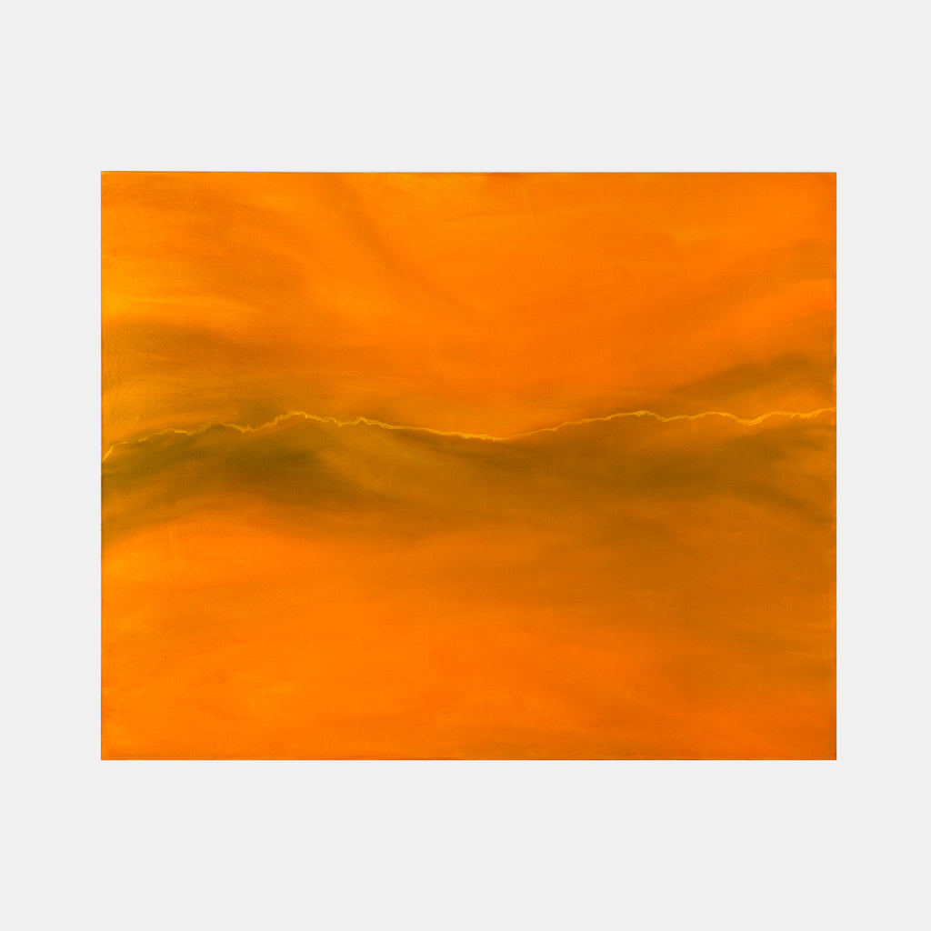 The artwork 'I Know This Place' by Camilla Webster features vibrant orange and amber hues creating an atmospheric abstract landscape. Bold brushstrokes form layered horizons with billowing cloud-like formations against a warm sunset sky. The acrylic on canvas piece, sized 63x52 inches, evokes a dreamlike sunset vista through contemporary expressionist style.