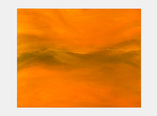 The artwork 'I Know This Place' by Camilla Webster features vibrant orange and amber hues creating an atmospheric abstract landscape. Bold brushstrokes form layered horizons with billowing cloud-like formations against a warm sunset sky. The acrylic on canvas piece, sized 63x52 inches, evokes a dreamlike sunset vista through contemporary expressionist style.