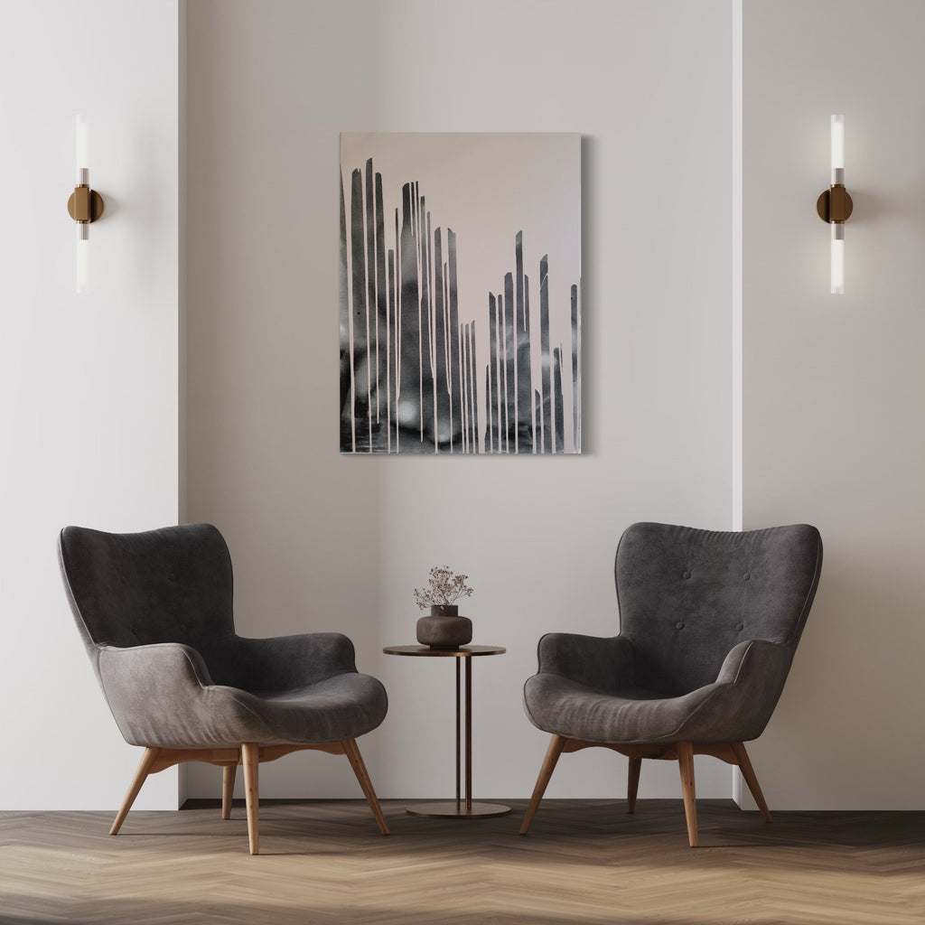 The artwork 'Metropolis' by Roger Hsia features vertical black brushstrokes rising like urban skyscrapers against a light gray background, creating an abstract cityscape. The acrylic painting employs minimalist composition with varying heights and thicknesses of strokes, suggesting a modern metropolitan skyline in monochromatic tones. 40x30 inches canvas by Roger Hsia.