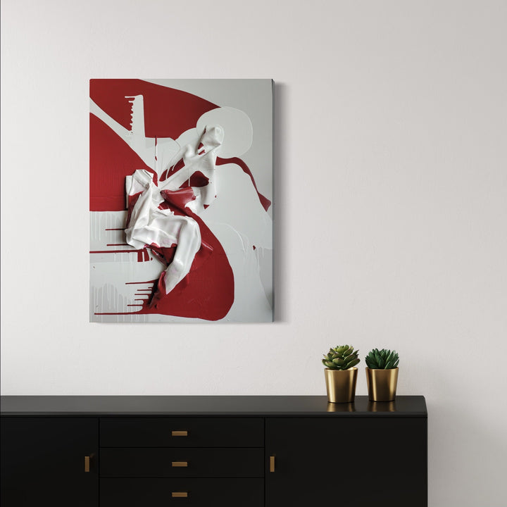 The artwork 'Portofino' by Roger Hsia features a minimalist composition with a striking contrast of deep red and white hues. A silhouetted figure in a flowing garment creates a dynamic diagonal movement across the canvas. The 40x30 inch acrylic painting employs negative space and bold geometric shapes, creating a modern, abstract aesthetic with clean lines and dramatic visual impact.