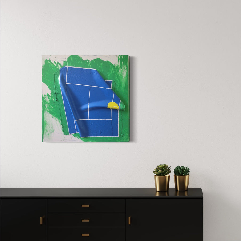 The artwork 'Love-15' by Roger Hsia features a minimalist tennis court perspective in vibrant cobalt blue against a dynamic green background. Bold acrylic brushstrokes create a modern abstract composition, with a small yellow tennis ball accent. The 30x30 inch canvas combines geometric shapes with expressive painting techniques, capturing the essence of tennis court aesthetics.