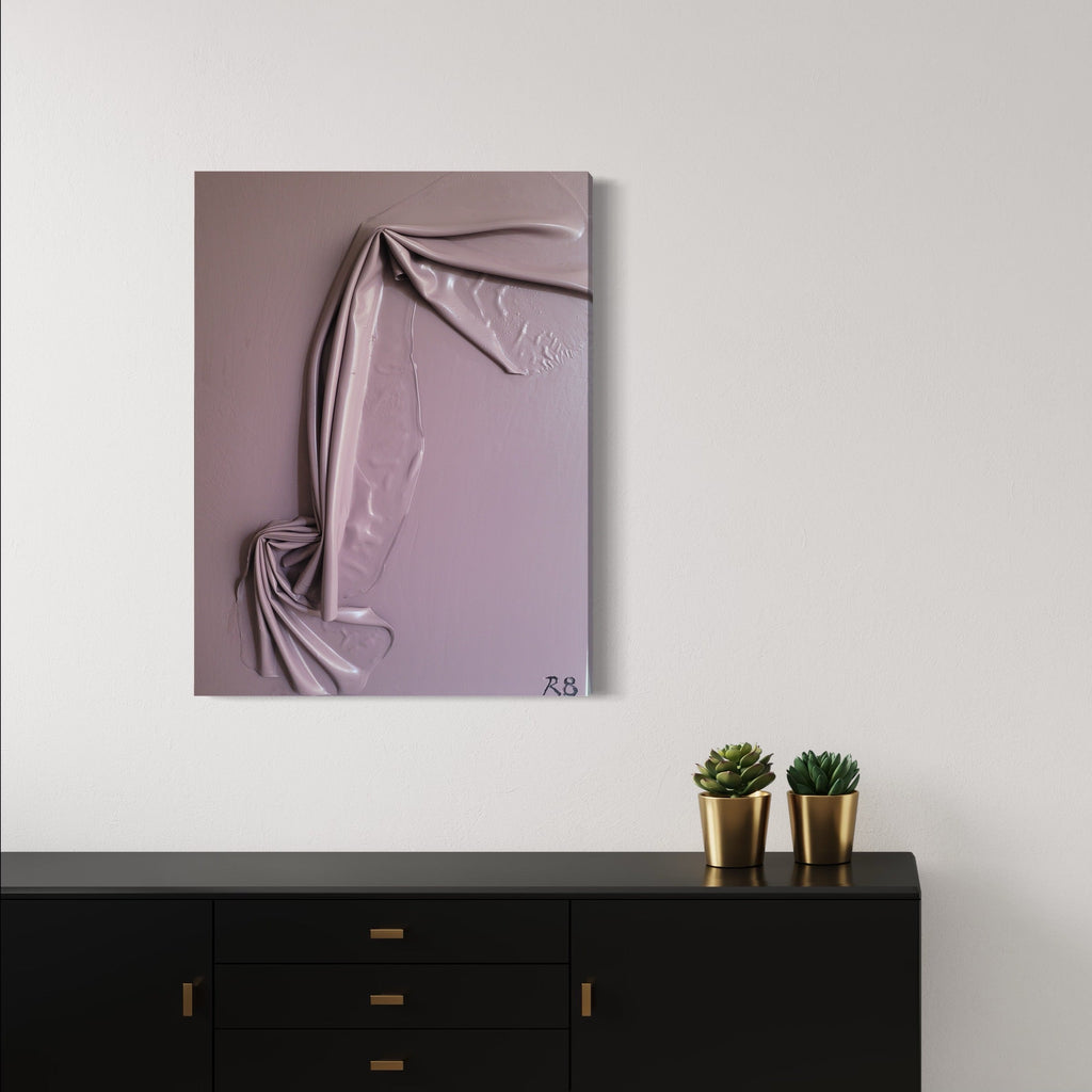 The artwork 'Opening Act' by Roger Hsia features elegant fabric-like folds and textures in muted mauve and lilac tones. The acrylic painting creates a three-dimensional illusion through masterful shadowing and light play, showcasing dramatic drapery effects on a 40x30 inch canvas. The minimalist composition evokes movement and grace through its flowing, sculptural forms by Roger Hsia.
