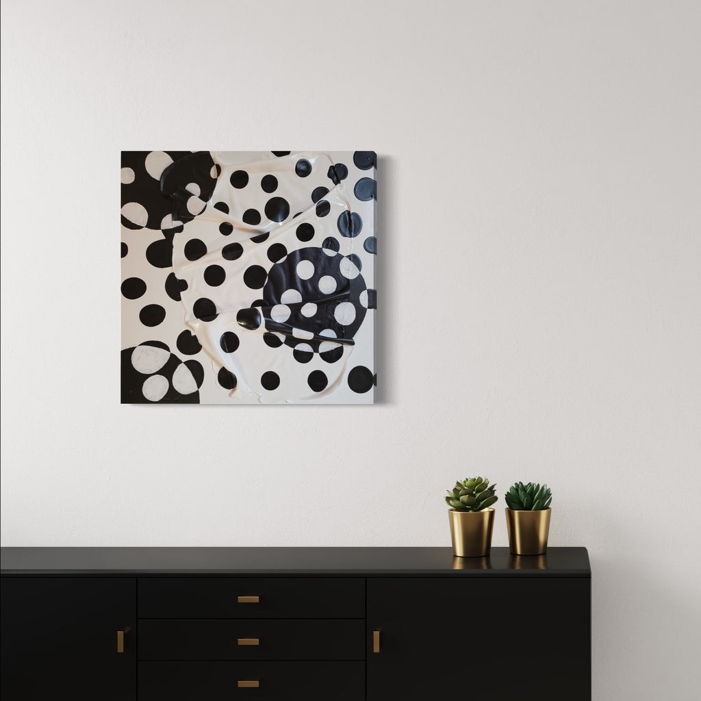 The artwork 'Night&Day' by Roger Hsia features a striking monochromatic composition with scattered black dots and circular patterns on a white canvas. The 30x30 inch acrylic painting creates a dynamic visual rhythm through varying dot sizes and densities, from bold clustered circles to delicate scattered spots, showcasing an abstract contemporary style with strong contrast and movement.