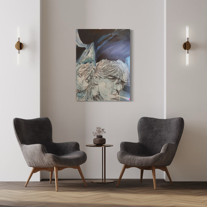 The artwork 'Slim Jim' by Roger Hsia features ethereal figures rendered in mixed media, displaying flowing, organic forms in muted tones of blue and gray. The abstract composition creates a dreamlike atmosphere with textured brushstrokes and layered elements against a moody background. Wall-mounted 40x30 inch canvas showcases contemporary artistic expression with subtle color transitions and dynamic movement.