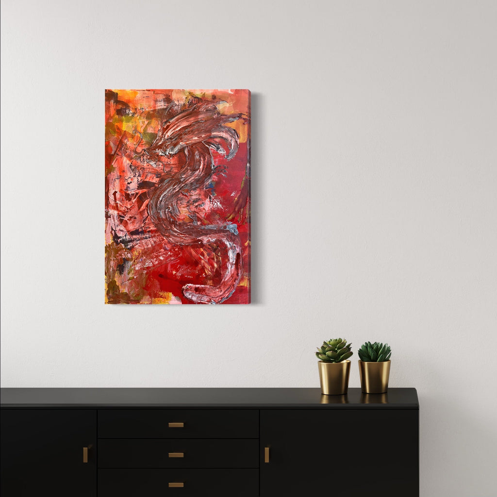 The artwork 'Enter Big Red' by Roger Hsia features dynamic swirling brushstrokes in vibrant crimson and deep red tones, layered with textural acrylic elements. Abstract patterns emerge through metallic copper and burnt orange hues, creating a passionate and energetic 36x24 inch composition. The piece showcases expressive gestural movements against a warm-tinted background by Roger Hsia.