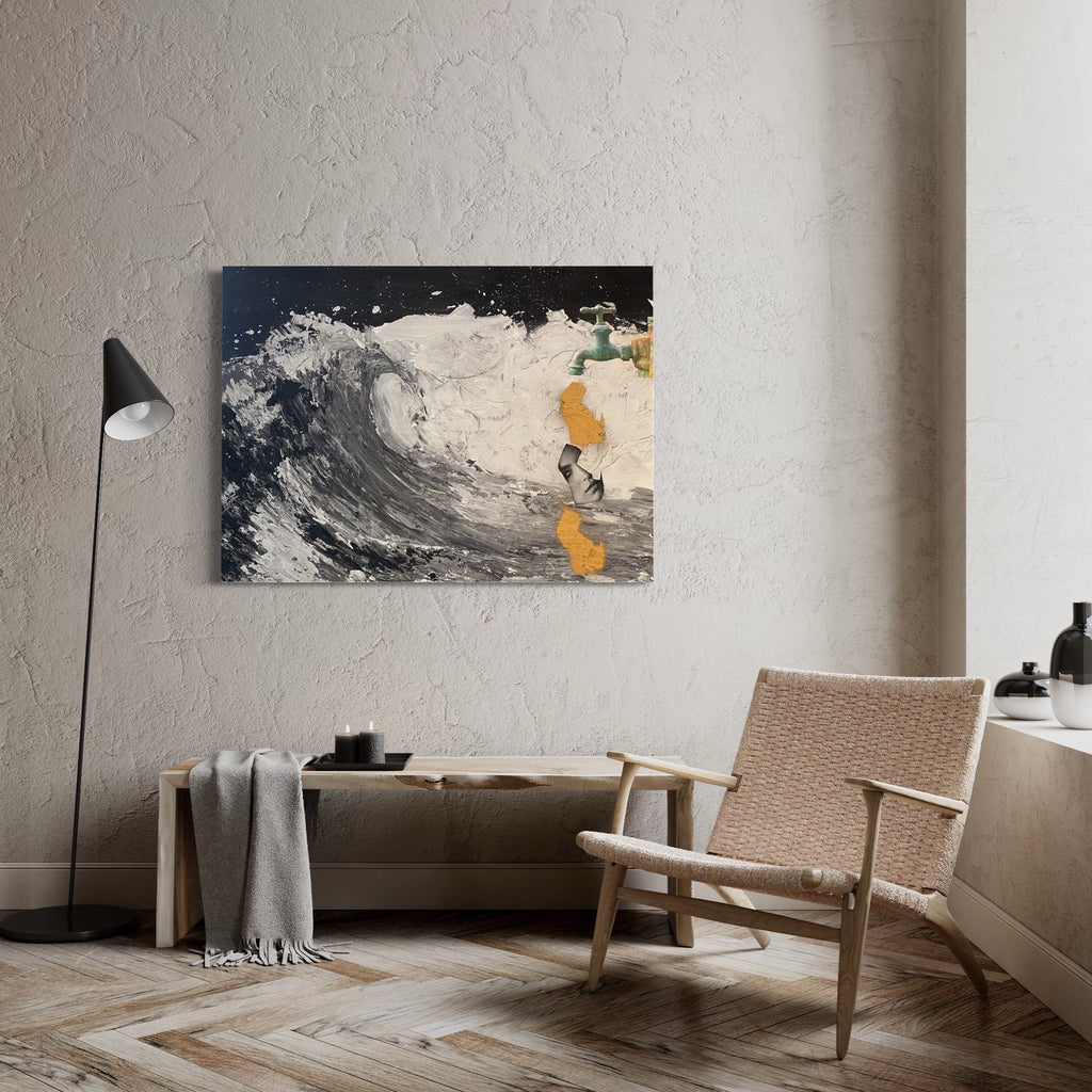 The artwork 'Drip' by Roger Hsia features a dynamic acrylic painting depicting a powerful ocean wave with dramatic white foam crashing against a deep navy blue background. Golden yellow accents add warmth to the composition, creating striking contrast. The abstract expressionist style captures the raw energy and movement of water on a 48x36 inch canvas by Roger Hsia.
