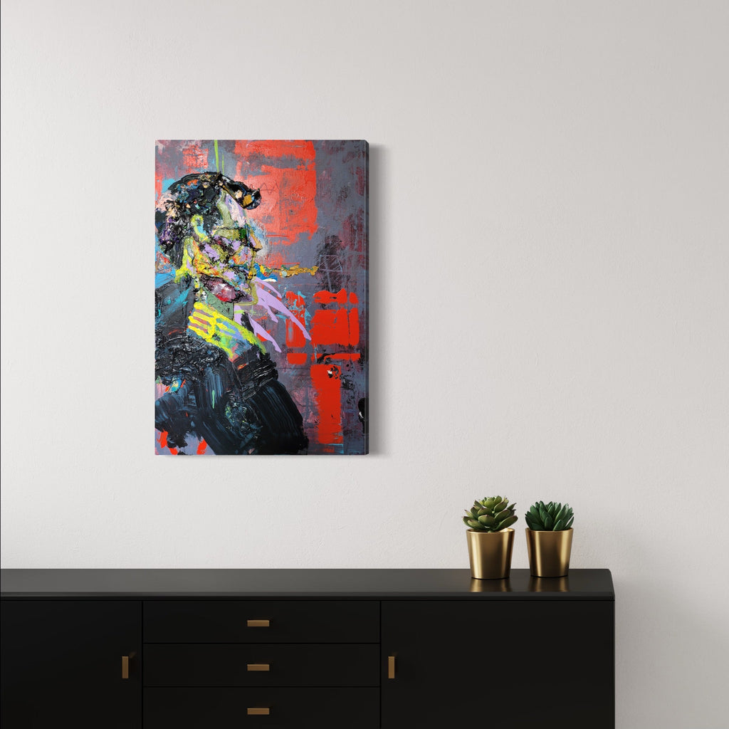 The artwork 'Call Him the Breeze' by Roger Hsia features a vibrant abstract portrait rendered in acrylic against a bold red background. Dynamic brushstrokes in neon yellows, electric blues, and deep blacks create a dramatic silhouette figure. The composition showcases an energetic, expressionist style with splashes of color and textural elements on a 36x24 inch canvas by Roger Hsia.