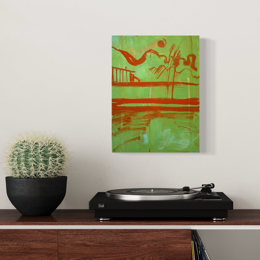 The artwork 'Detox 2' by Taiss Ghuliani features abstract expressionist strokes in vibrant coral red against a luminous mint green background. Flowing curved lines and geometric elements create a dynamic composition, suggesting movement and fluidity. The oil on canvas painting combines bold brushwork with subtle textural variations, measuring 16 by 12 inches. by Taiss Ghuliani
