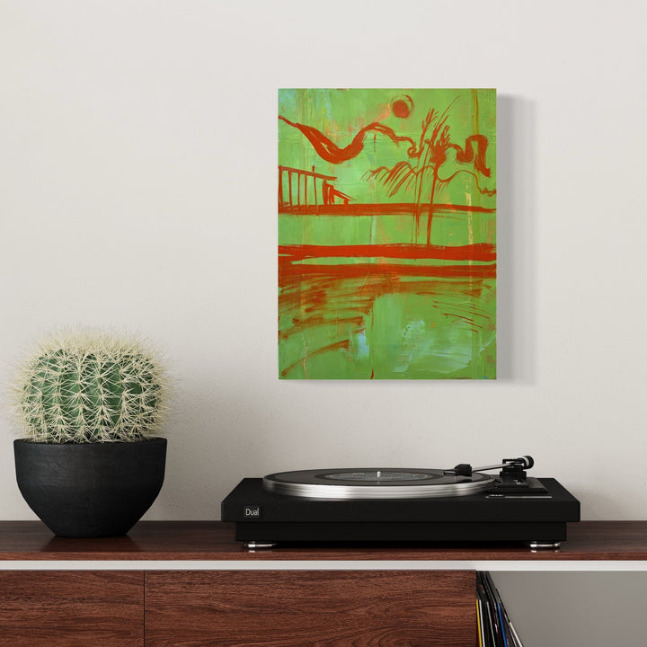 The artwork 'Detox 2' by Taiss Ghuliani features abstract expressionist strokes in vibrant coral red against a luminous mint green background. Flowing curved lines and geometric elements create a dynamic composition, suggesting movement and fluidity. The oil on canvas painting combines bold brushwork with subtle textural variations, measuring 16 by 12 inches. by Taiss Ghuliani