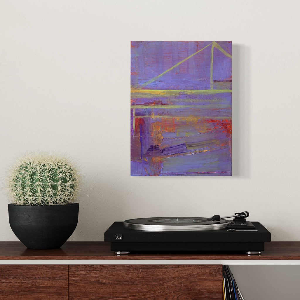 The artwork 'Horizons 2' by Taiss Ghuliani features abstract geometric composition with bold purple and lavender hues intersected by golden diagonal lines. Oil on canvas painting showcases textured brushstrokes creating depth and movement, with subtle touches of red adding warmth to the contemporary minimalist design.