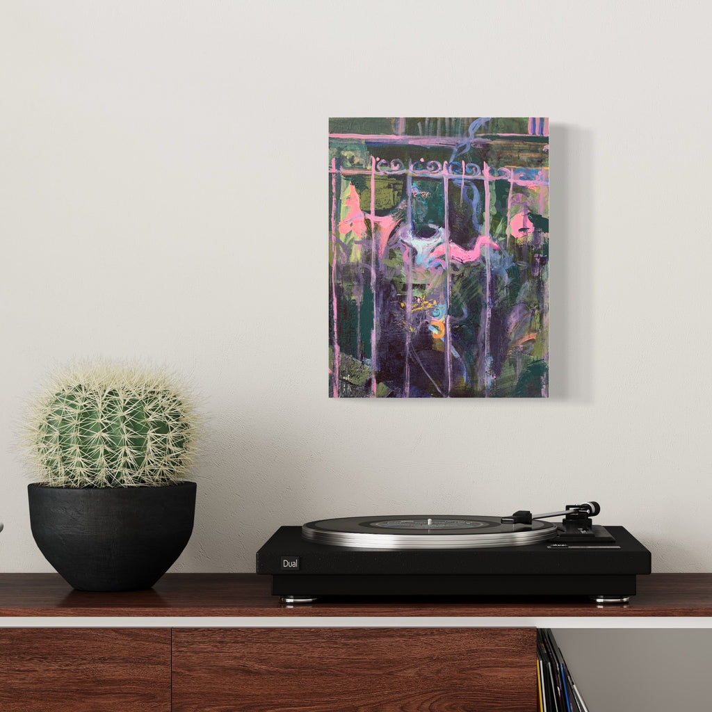The artwork 'The Neighbors Yard' by Taiss Ghuliani features vibrant abstract expressionism with vertical drips of neon pink, teal, and purple against a dark mystical background. Dynamic brushstrokes create a sense of movement, while ethereal forms emerge through layers of acrylic paint on canvas, suggesting glimpses into a dreamlike garden landscape.