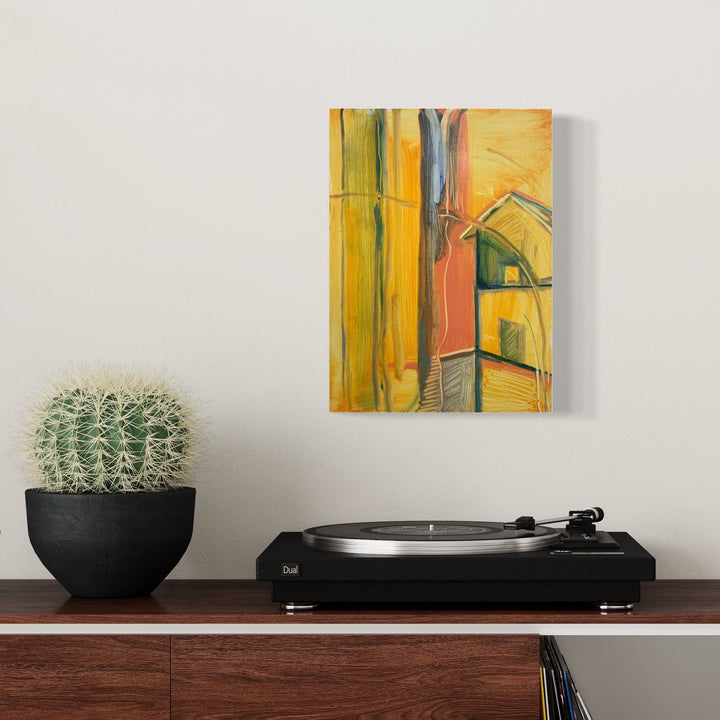 The artwork 'D-Hall 1' by Taiss Ghuliani features bold vertical strokes in vibrant yellows and greens, with architectural elements suggested through angular forms and coral accents. The abstract oil painting on canvas demonstrates expressive brushwork and dynamic composition, creating a modernist interpretation of interior space.