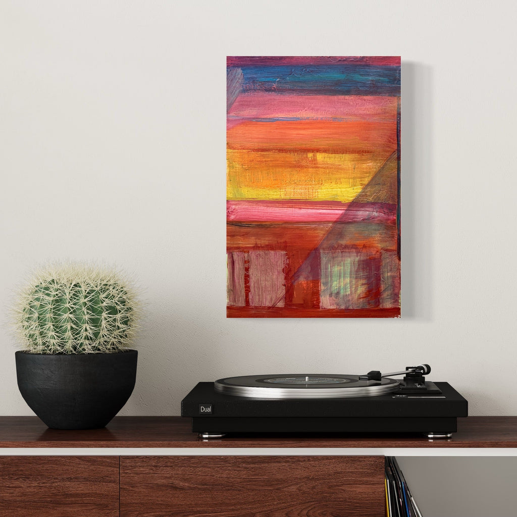 The artwork 'Horizons 1' by Taiss Ghuliani features vibrant sunset-inspired layers of color, transitioning from deep blue to coral pink, fiery orange, and golden yellow. The abstract landscape composition includes subtle architectural silhouettes in rich burgundy tones beneath a luminous sky, created with expressive brushstrokes in acrylic and oil on canvas. By Taiss Ghuliani.