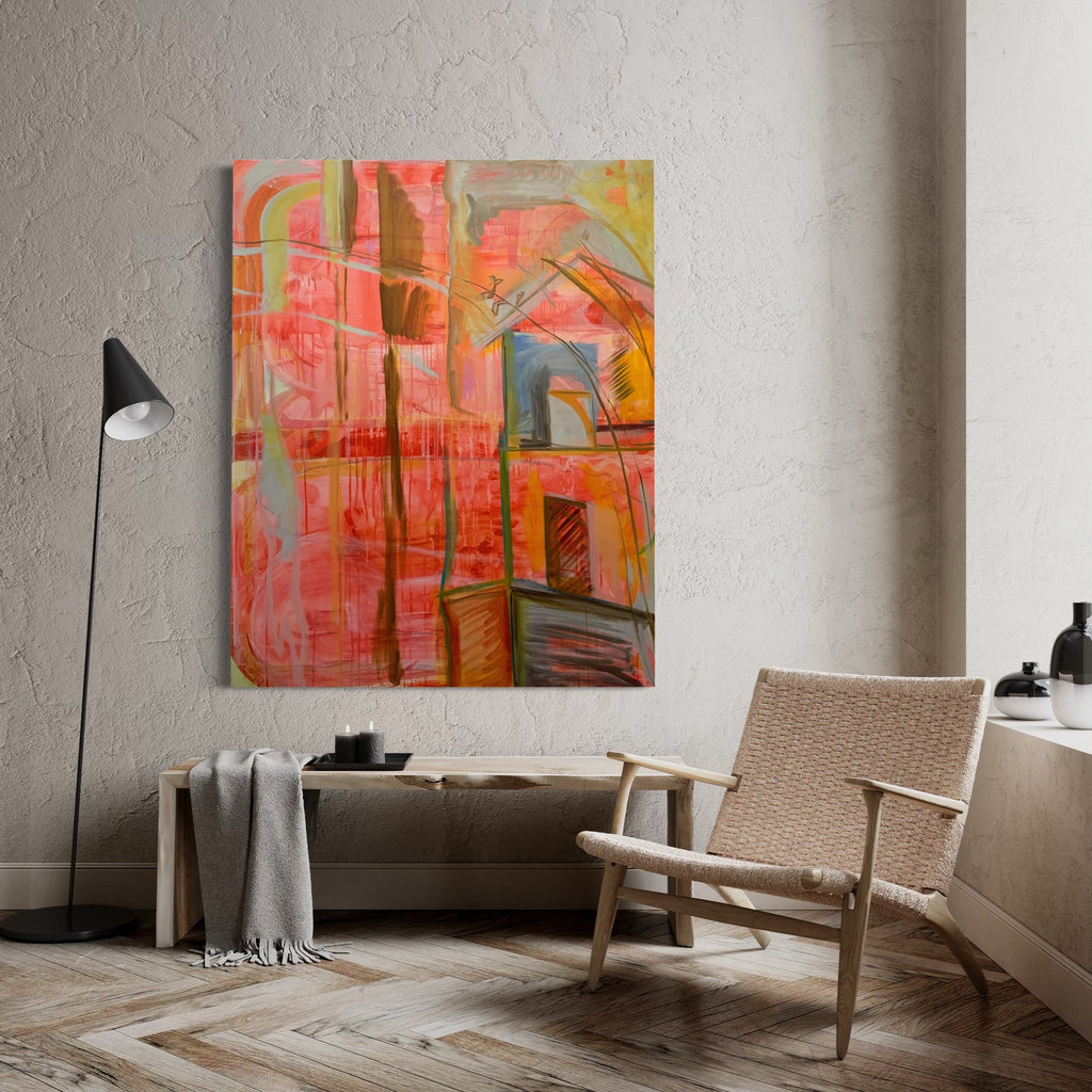 The artwork 'D-Hall 2' by Taiss Ghuliani features vibrant abstract composition with layered geometric shapes in coral pink and salmon tones, accented with blue architectural elements. Bold brushstrokes and textural elements create depth through acrylic and oil techniques on canvas, showcasing a contemporary urban-inspired aesthetic. 48x60 inches. By Taiss Ghuliani.