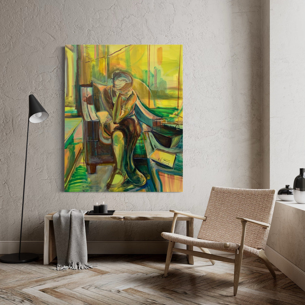 The artwork 'Portrait of Jennifer' by Taiss Ghuliani features a contemporary abstract figure in a seated pose, rendered in vibrant yellows and greens. The composition displays dynamic brushstrokes and bold geometric forms, creating a modernist interpretation on a 60x48 inch oil canvas. The background merges with the subject in an expressive interplay of warm and cool tones, capturing movement and emotion through abstract expressionism by Taiss Gh