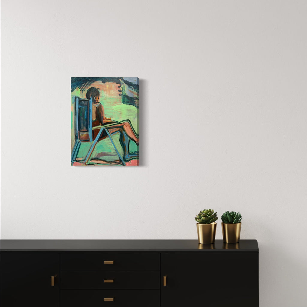 The artwork 'Catherine in Crest' by Taiss Ghuliani features an expressive figurative composition in vibrant turquoise and mint green tones. A seated figure is portrayed against an architectural backdrop with curved arches. The oil on linen painting showcases dynamic brushstrokes and modernist style, creating a sense of movement and dimension within the 24x18 inch canvas.