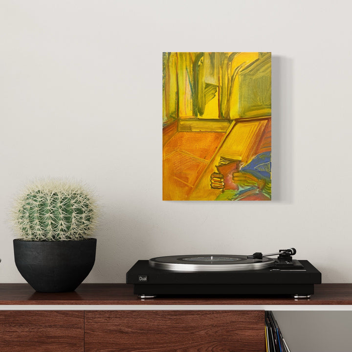 The artwork 'Crossword Puzzle' by Taiss Ghuliani features vibrant yellow and orange geometric shapes creating an abstract interior space. Bold brushstrokes in oil paint reveal angular forms suggesting walls and floor planes, with touches of blue and green accents. The 15x11 inch canvas showcases an expressionist style with warm, sunlit tones by Taiss Ghuliani.
