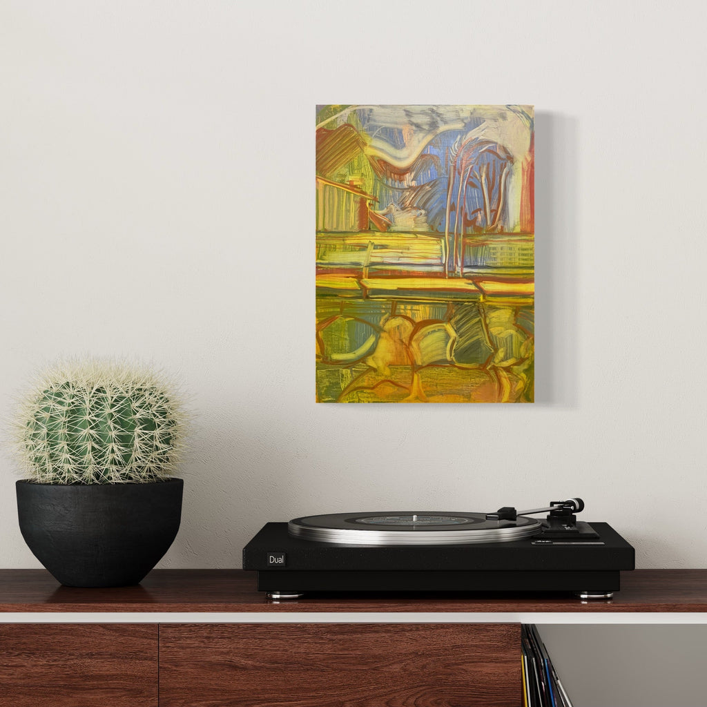 The artwork 'Detox' by Taiss Ghuliani features abstract expressionist strokes in vibrant yellows, greens, and blues. The oil painting displays fluid, organic shapes suggesting a natural landscape with dynamic brushwork creating movement across the canvas. Rich earth tones blend with ethereal blues in a harmonious composition of 15x11 inches by Taiss Ghuliani.