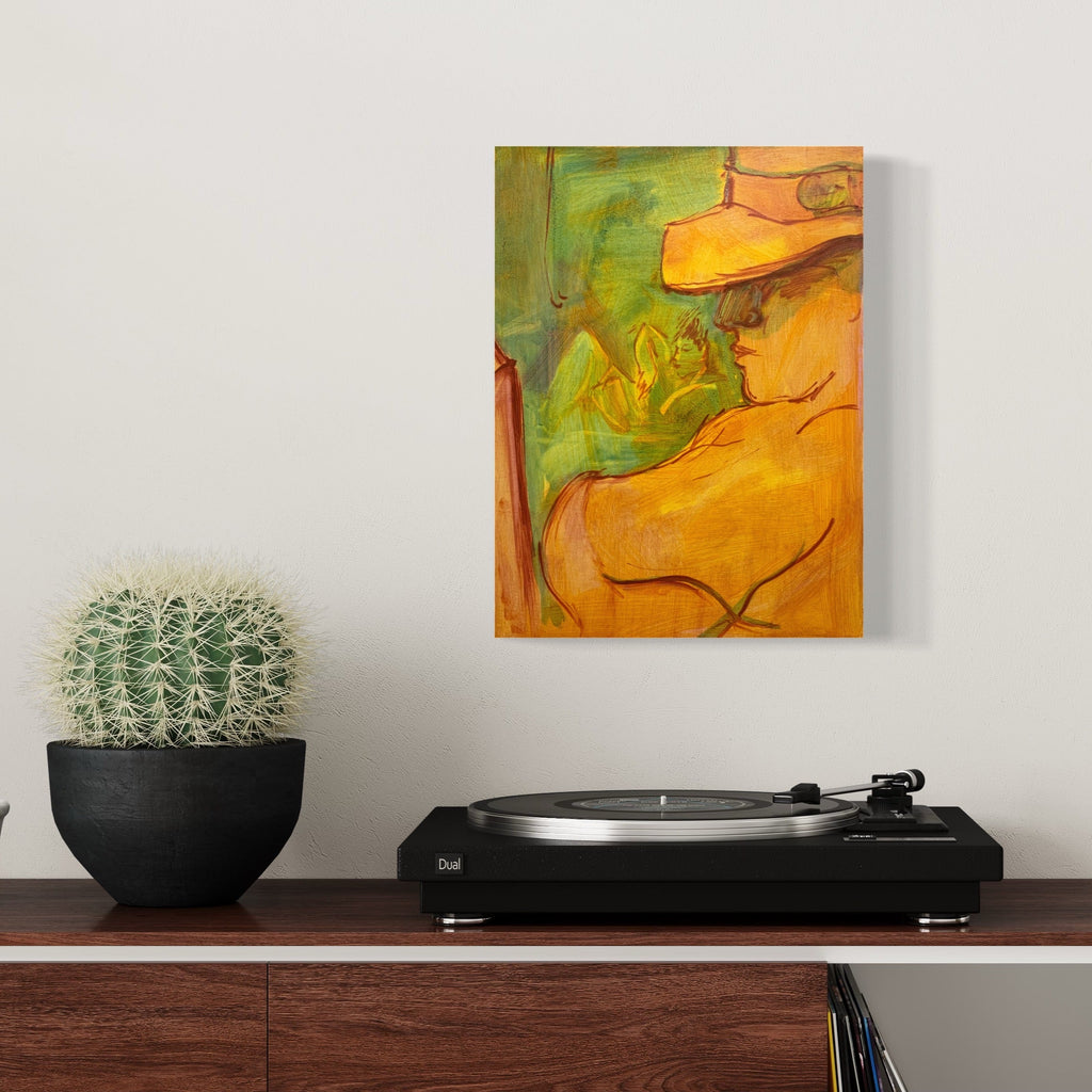 The artwork 'Clea and Clem Reading' by Taiss Ghuliani features abstract figures rendered in warm orange and vibrant green hues on oil canvas. The composition shows flowing organic forms with curved lines against a dynamic background, creating a harmonious blend of warm and cool tones. 16x12 inches oil painting by Taiss Ghuliani.