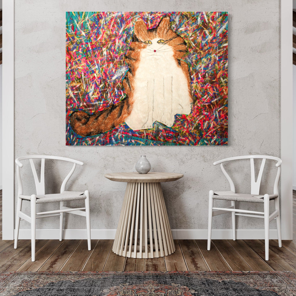 The artwork 'Mango Forever' by Ali Ha features a whimsical white and orange cat against a vibrant confetti-like background of multicolored fabric strips. Created using mixed media applique technique and acrylic paint, the piece showcases a playful feline surrounded by dynamic textile patterns in pink, blue, and red hues, measuring 48x58 inches.