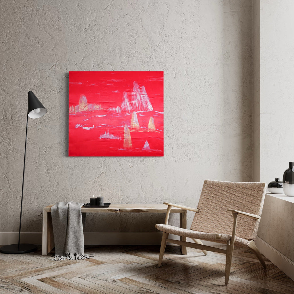 The artwork 'Once Was No Longer' by Ali Ha features ethereal white mountain peaks emerging from a vibrant crimson landscape. Created with repurposed silk fabric and acrylic paint, the composition shows multiple snow-capped summits set against a dramatic red sky, suggesting a dreamlike mountainous terrain with misty, abstract cloud formations. By Ali Ha.