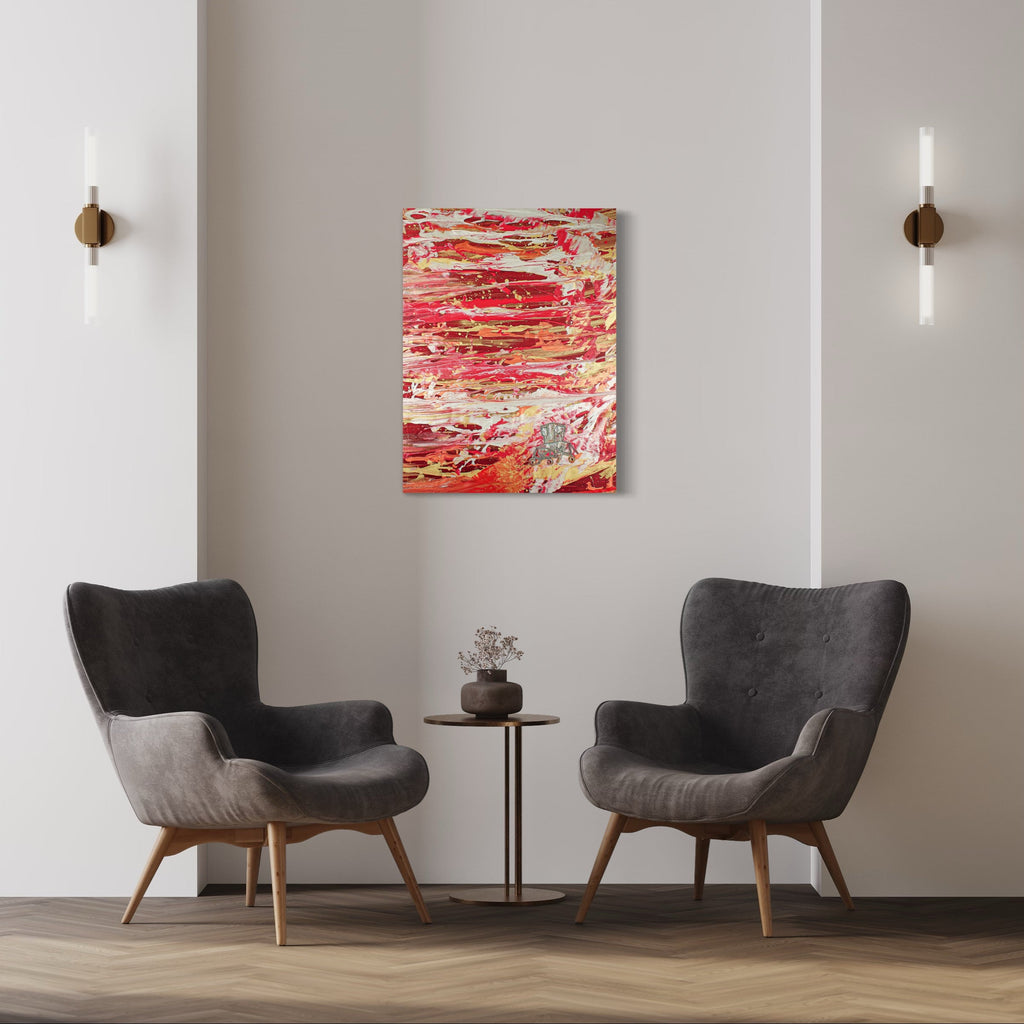 The artwork 'Left Behind, Hoping for Your Return' by Ali Ha features vibrant streaks of red and cream in an abstract pattern created through fabric applique and paint pour techniques. Dynamic horizontal brushstrokes create a sense of movement across the canvas, with textural elements from repurposed fabric adding depth and dimension. The mixed media piece showcases warm tones and fluid motion against a neutral background by Ali Ha.