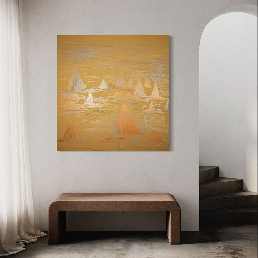 The artwork 'Golden Planet' by Ali Ha features abstract sailboats in ethereal white silhouettes against a luminous golden-orange background. Created on repurposed faux leather with metallic acrylic paint, the composition evokes a dreamy seascape at sunset, with multiple triangular forms scattered across a textured horizon. The 50x48 inch mixed media piece combines warm tones and brushwork techniques by Ali Ha.