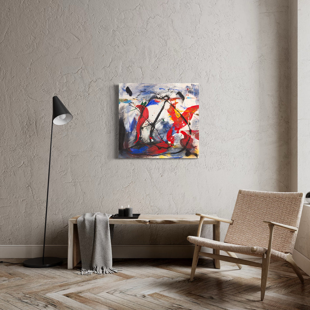 The artwork 'The Elements' by Cavier Coleman features dynamic abstract expressionism with bold sweeping strokes in vibrant red and blue against a white background. Energetic brushwork and gestural marks create movement through contrasting colors, while black accents add depth and structure. Mixed media technique combines acrylic, ink, and oil pastel on canvas, creating rich textural elements.