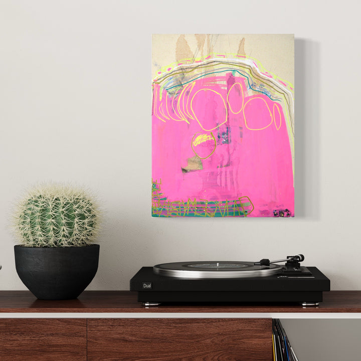 Music Painting no.1 by Songyi Kim features vibrant pink abstract composition with flowing organic curves in yellow and grey tones. Mixed media artwork combines oil paint and markers creating dynamic layers and textures. Bold gestural marks dance across bright neon background, evoking musical rhythm and movement on canvas.