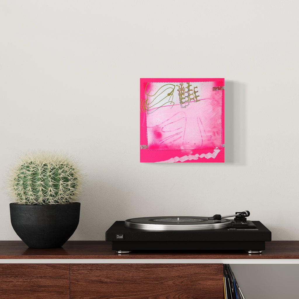 The artwork 'FullSSSun' by Songyi Kim features a vibrant hot pink square canvas with abstract white linear elements suggesting a celestial or organic form. The mixed media piece combines acrylic with delicate sketched lines in a minimalist yet expressive style, set against a luminous pink background that radiates outward from the center, creating an ethereal glow. 10x10 inches abstract contemporary artwork.