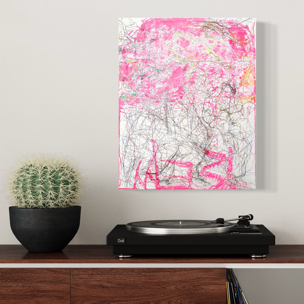 Music Painting no.5 by Songyi Kim - Abstract canvas artwork featuring vibrant pink gestural marks and intricate gray line work creating a dynamic network of rhythmic patterns. Paint marker strokes and collage elements blend to form a spontaneous composition suggesting musical movement and energy.
