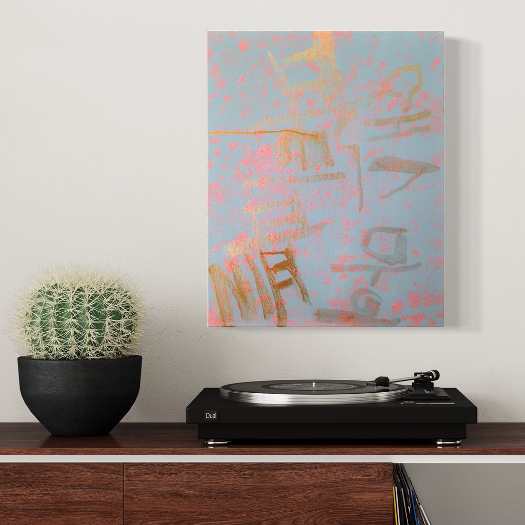 Music Painting no.2 by Songyi Kim features abstract musical symbols and shapes rendered in soft pink and metallic gold against a serene pale blue background. The 20x16 inch canvas combines acrylic and metallic watercolor to create a dreamy, rhythmic composition with flowing brushstrokes and dynamic gestural marks.