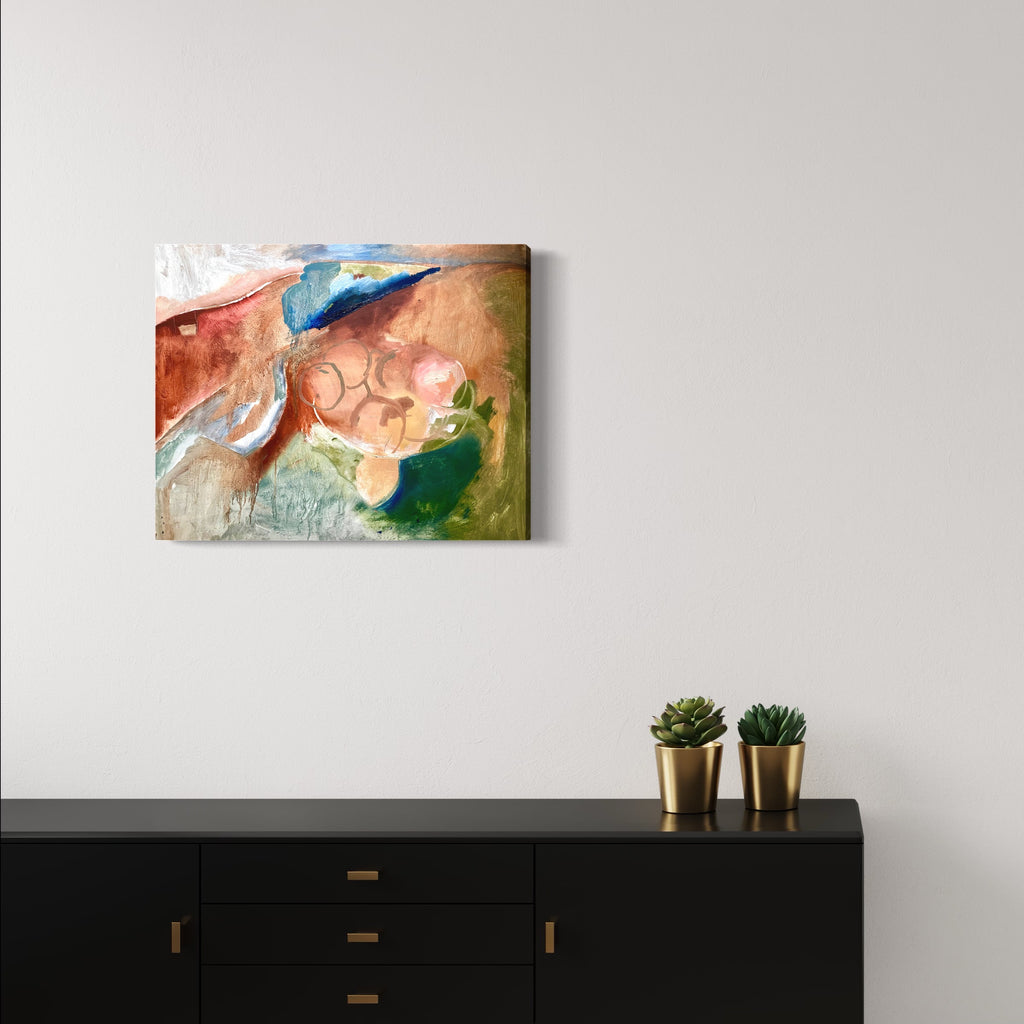 The artwork 'Rudy swims in the Longhorn Pond' by Lauren Orscheln depicts an abstract swimming figure rendered in soft terracotta, turquoise, and sage green hues. The oil painting on masonite features fluid brushstrokes creating a dreamlike aquatic scene with organic shapes and flowing movement. The composition blends warm earthy tones with cool water-inspired colors in an impressionistic style.