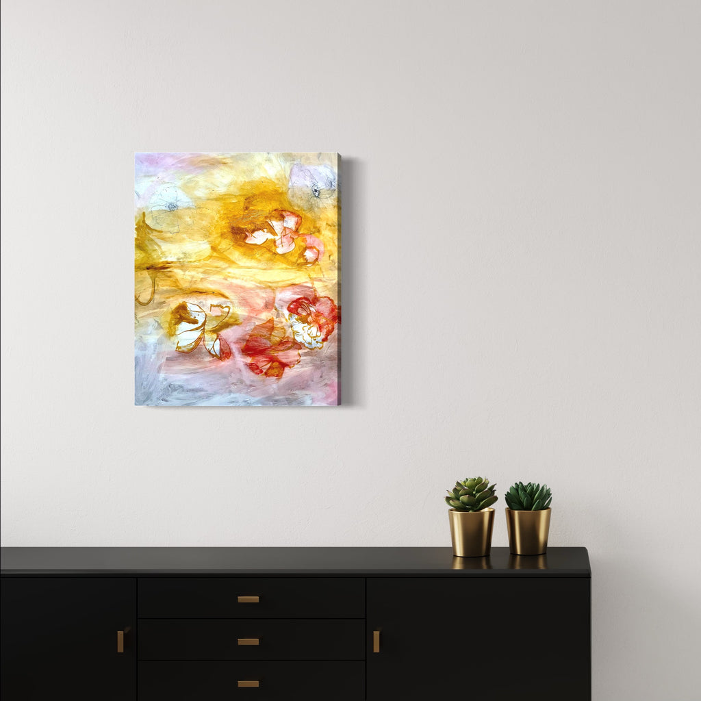 The artwork 'Poppies Study' by Lauren Orscheln features delicate red and pink poppies floating against a luminous golden yellow and pale blue background. The oil painting on masonite showcases loose, ethereal brushstrokes creating a dreamy, watercolor-like effect. The composition captures the flowers' graceful movement and translucent petals.
