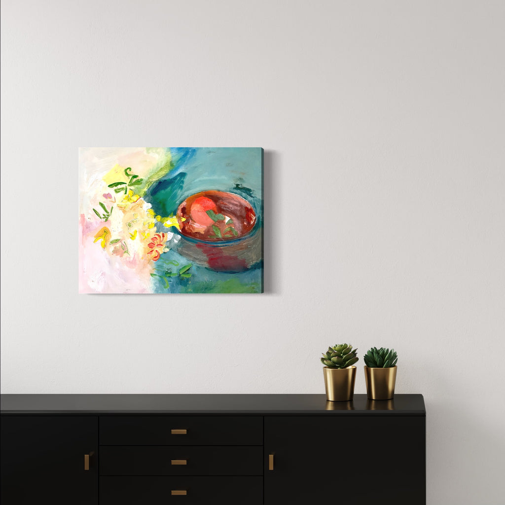 The artwork 'My last painting without fish' by Lauren Orscheln features vibrant watercolor-style strokes depicting yellow flowers and green foliage alongside a red ceramic bowl against a soft pink and turquoise background. Oil on masonite captures loose, expressive brushwork creating an impressionistic still life composition with harmonious color interplay. 24x30 inches by Lauren Orscheln.