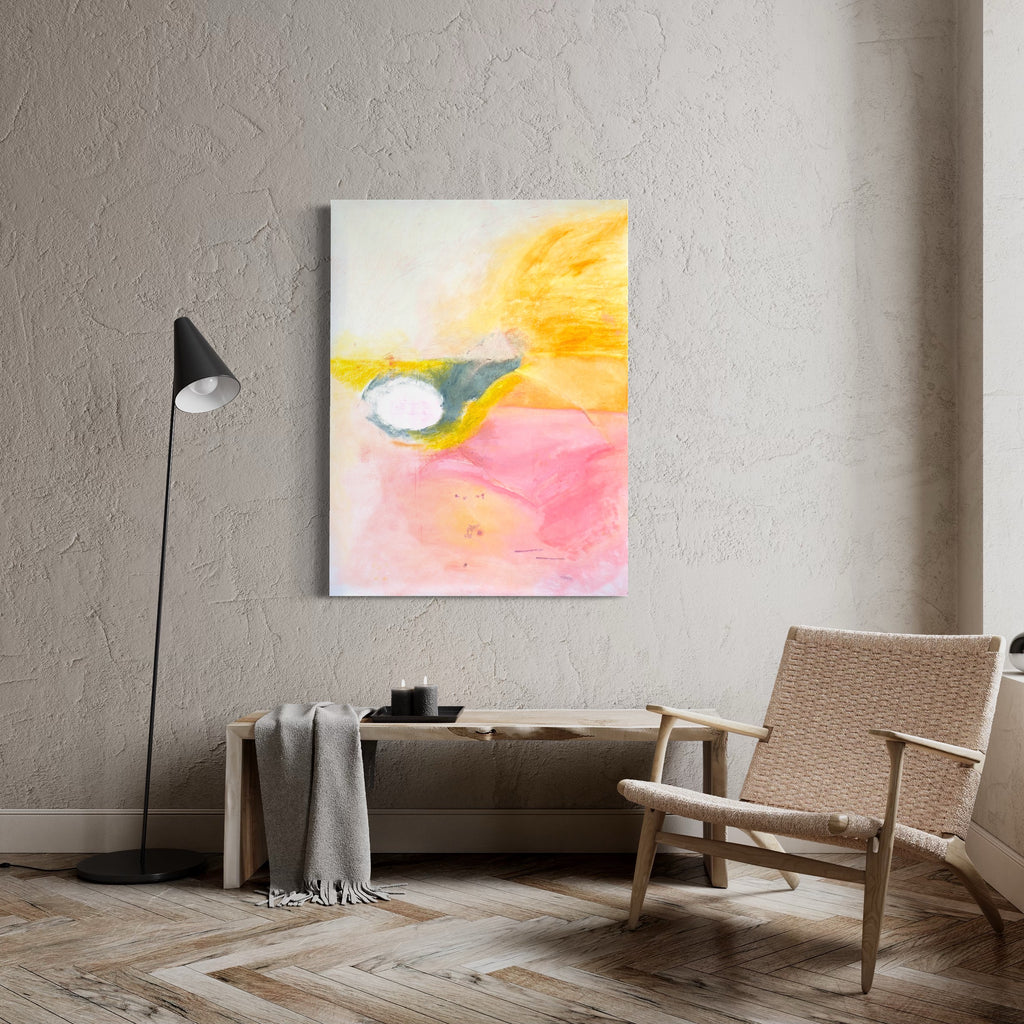 The artwork 'Milos in Brooklyn' by Lauren Orscheln features abstract watercolor-like strokes in vibrant yellow, pink, and teal hues. The composition shows fluid, organic shapes with a warm sunset-inspired golden glow at the top, transitioning to soft rose pink below. The oil and pastel on canvas piece creates a dreamy, ethereal landscape effect. - Lauren Orscheln