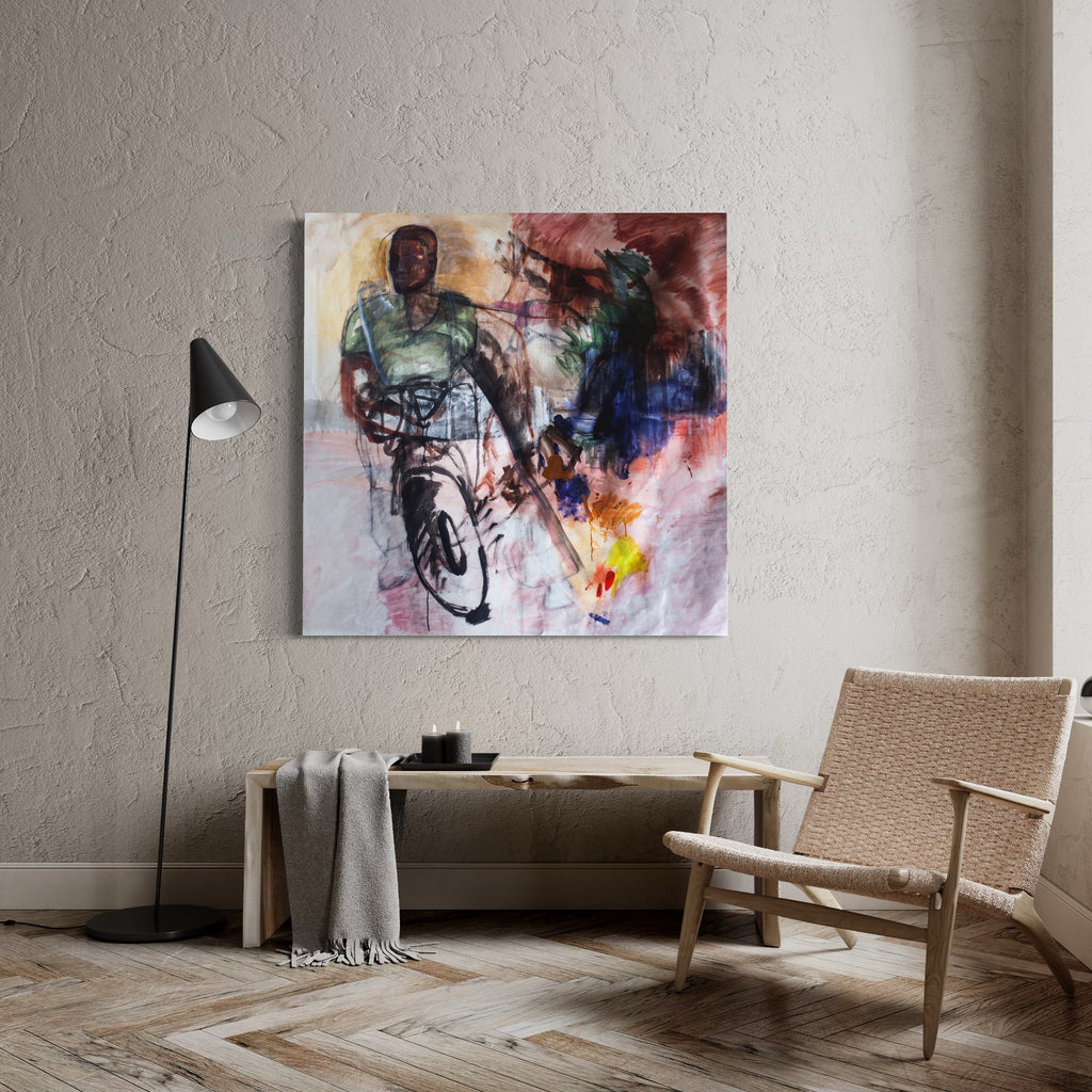 The artwork 'Dusty' by Lauren Orscheln features an expressive abstract composition with dynamic brushstrokes in deep burgundy, navy blue, and yellow hues. The 48x48 inch canvas showcases fluid acrylic paint techniques combined with gestural graphite marks, creating an atmospheric effect with dripping elements and ethereal color transitions.