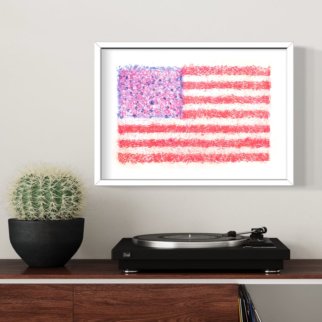 The artwork 'I Love America' by Ronit Levin Delgado features an impressionistic rendition of the American flag, with textured brushstrokes creating a dreamy, watercolor-like effect. The flag shows a blue field with stars in the upper left corner and red horizontal stripes against a soft white background, painted in a loose, artistic style that captures patriotic sentiment through gentle color transitions.