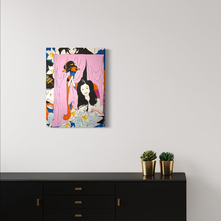 The artwork 'Pinks' by Eriko Hattori features a Japanese-style illustration with soft pink drapery and flowing fabric. The composition includes bold black outlines, vibrant orange and blue accents, and delicate ink details on paper. A traditional Asian-inspired scene depicting elegant figures amidst decorative elements and flowing textiles. 30x22 inches ink artwork by Eriko Hattori.