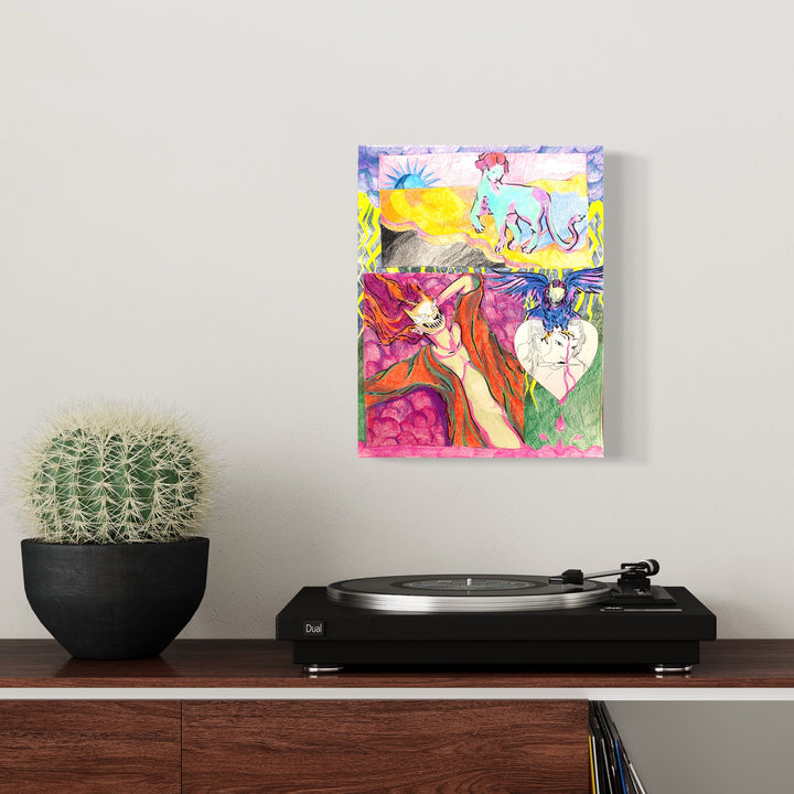 The artwork 'Otherworldly Missed Connections' by Eriko Hattori features a vibrant dreamscape with whimsical figures floating across multiple colorful panels. Pink, yellow, blue, and green hues blend in watercolor-like effects, while delicate pen details create ethereal shapes and flowing forms. The colored pencil and ink illustration evokes a surreal, fantastical narrative through abstract elements and fluid compositions.