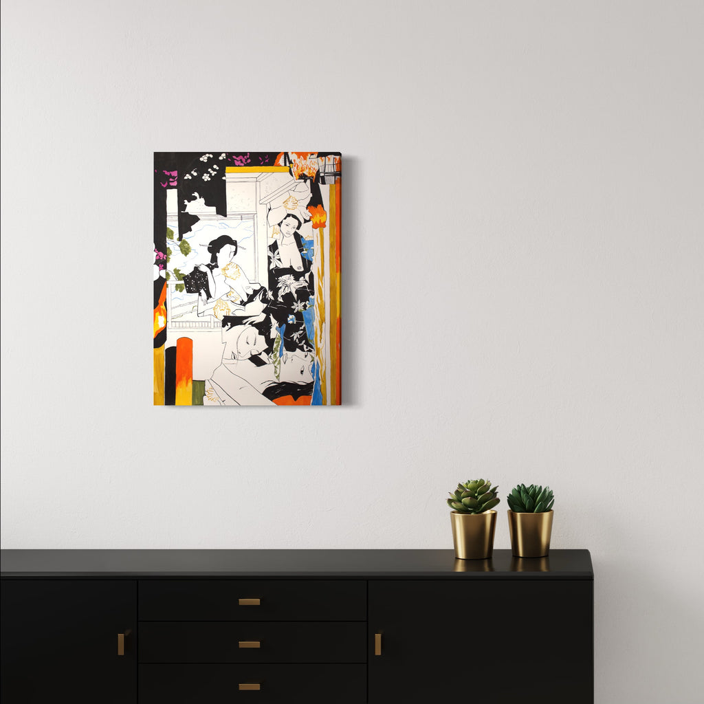 The artwork 'Tendencies' by Eriko Hattori features abstract ink illustrations on paper with dynamic black brushstrokes contrasting against white spaces and vibrant orange accents. The composition combines fluid lines and geometric shapes, creating a contemporary Japanese-inspired aesthetic with expressive mark-making and bold color blocking