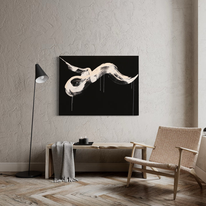 The artwork 'Midnight Waves' by Kristin Gaudio Endsley features bold, fluid brushstrokes in white against a deep black canvas. The abstract composition showcases sweeping, dynamic curves resembling an infinity symbol, with paint drips creating a sense of movement. The 36x48 inch acrylic painting combines minimalist design with expressive gesture. By Kristin Gaudio Endsley.