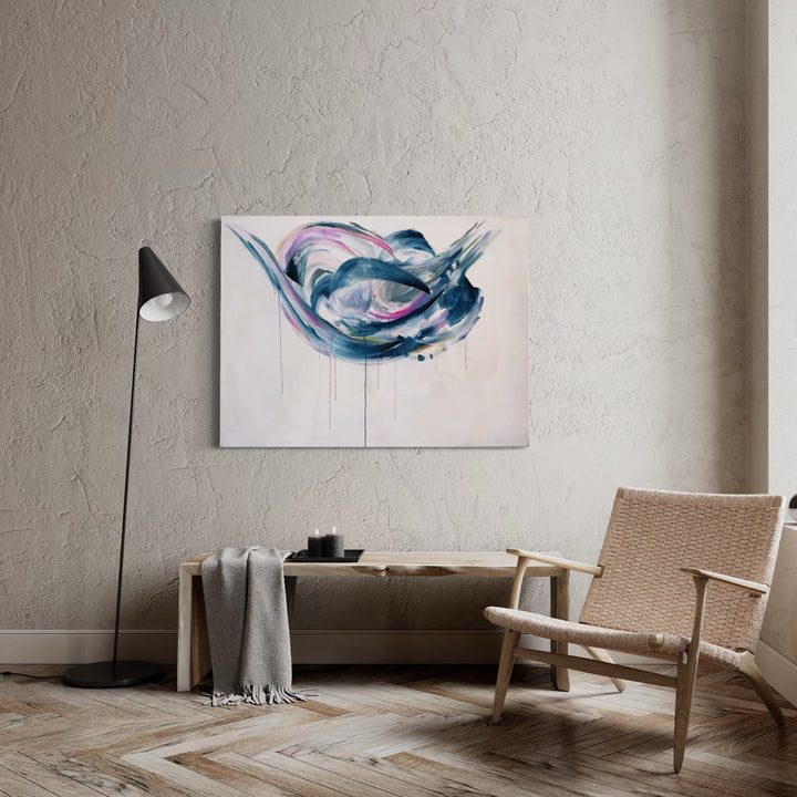 The artwork 'Cool Summer' by Kristin Gaudio Endsley features a dynamic abstract swirl in watercolor-like strokes of deep blue and soft pink tones against a pure white canvas. The fluid brushwork creates a graceful, flowing movement reminiscent of ocean waves or wind patterns, with translucent layers and delicate color transitions.