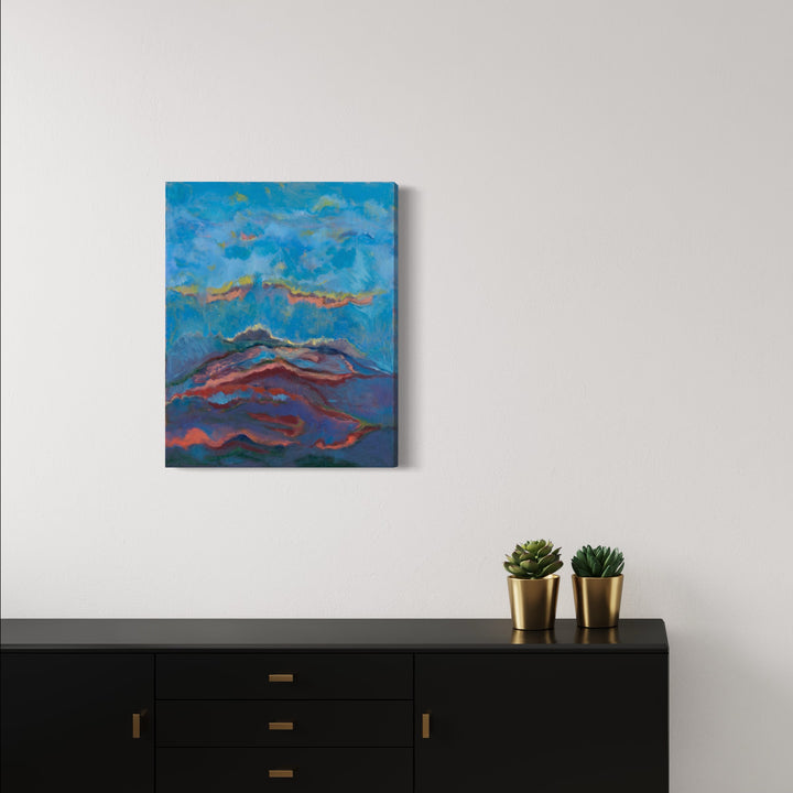 The artwork 'Filtered Light' by Beth Barry features a vibrant abstract landscape with undulating mountain forms in deep purples and reds beneath a dynamic turquoise sky. Wispy coral-colored clouds drift across the azure expanse, creating a dreamy atmospheric effect. Painted in acrylic on canvas, the piece showcases fluid brushstrokes and layered colors that capture the ethereal quality of filtered sunlight.