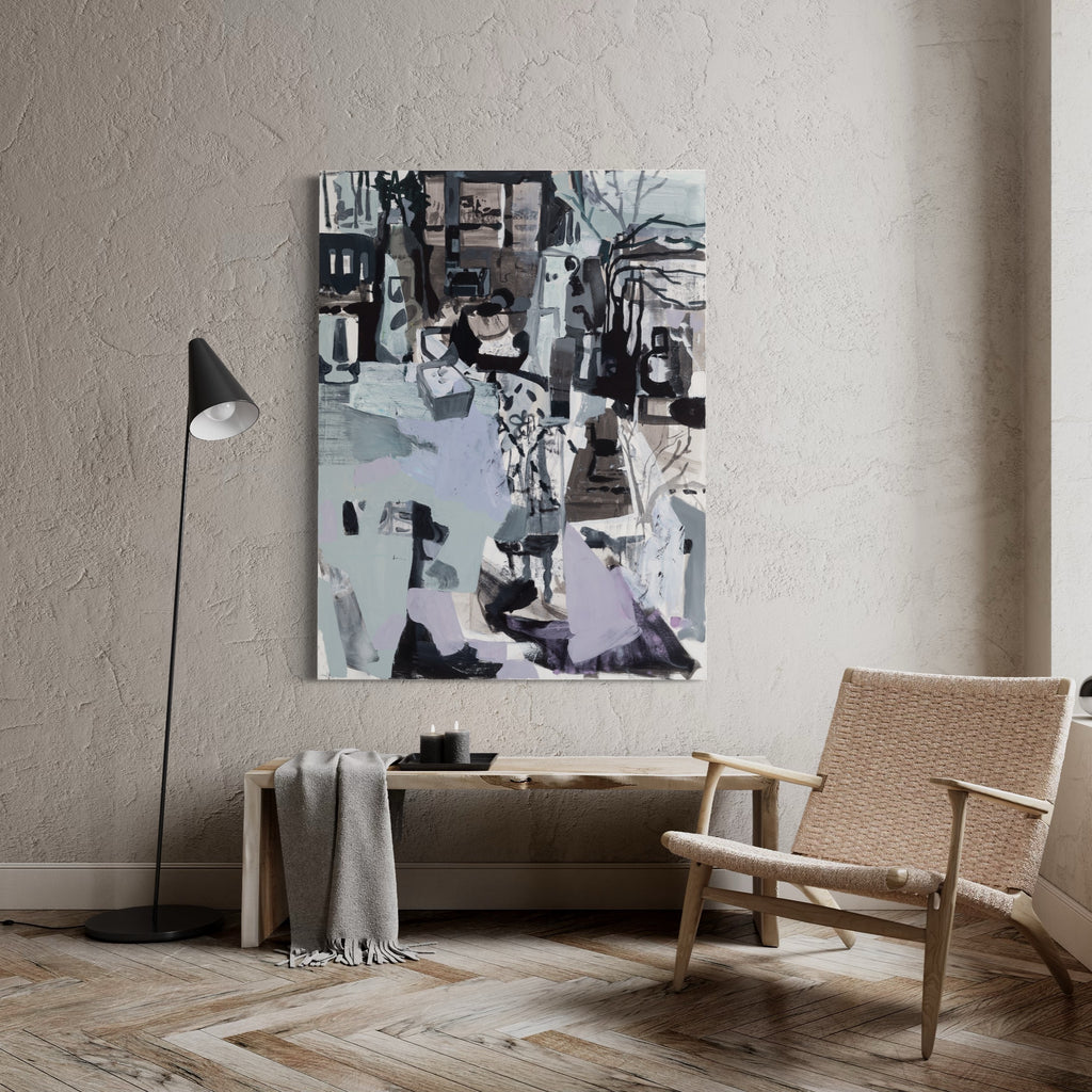 The artwork 'Double Negative' by Allison Gildersleeve features an abstract composition with dynamic black, white, and grey brushstrokes. The painting combines gestural marks and architectural elements, creating a layered effect with oil, acrylic, and spray paint. The monochromatic palette evokes an urban landscape with fragmented forms and expressive textures on canvas.