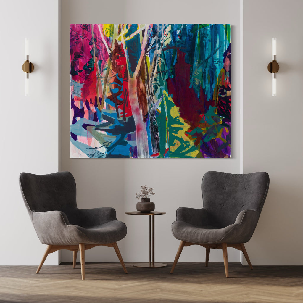 The artwork 'Slice' by Allison Gildersleeve features vibrant abstract expressionist composition with dynamic brushstrokes in magenta, turquoise, and yellow. Bold vertical elements suggest forest-like forms amid layers of energetic paint splashes and organic shapes. Mixed media techniques of oil, acrylic, and spray paint create rich textural depth on canvas.