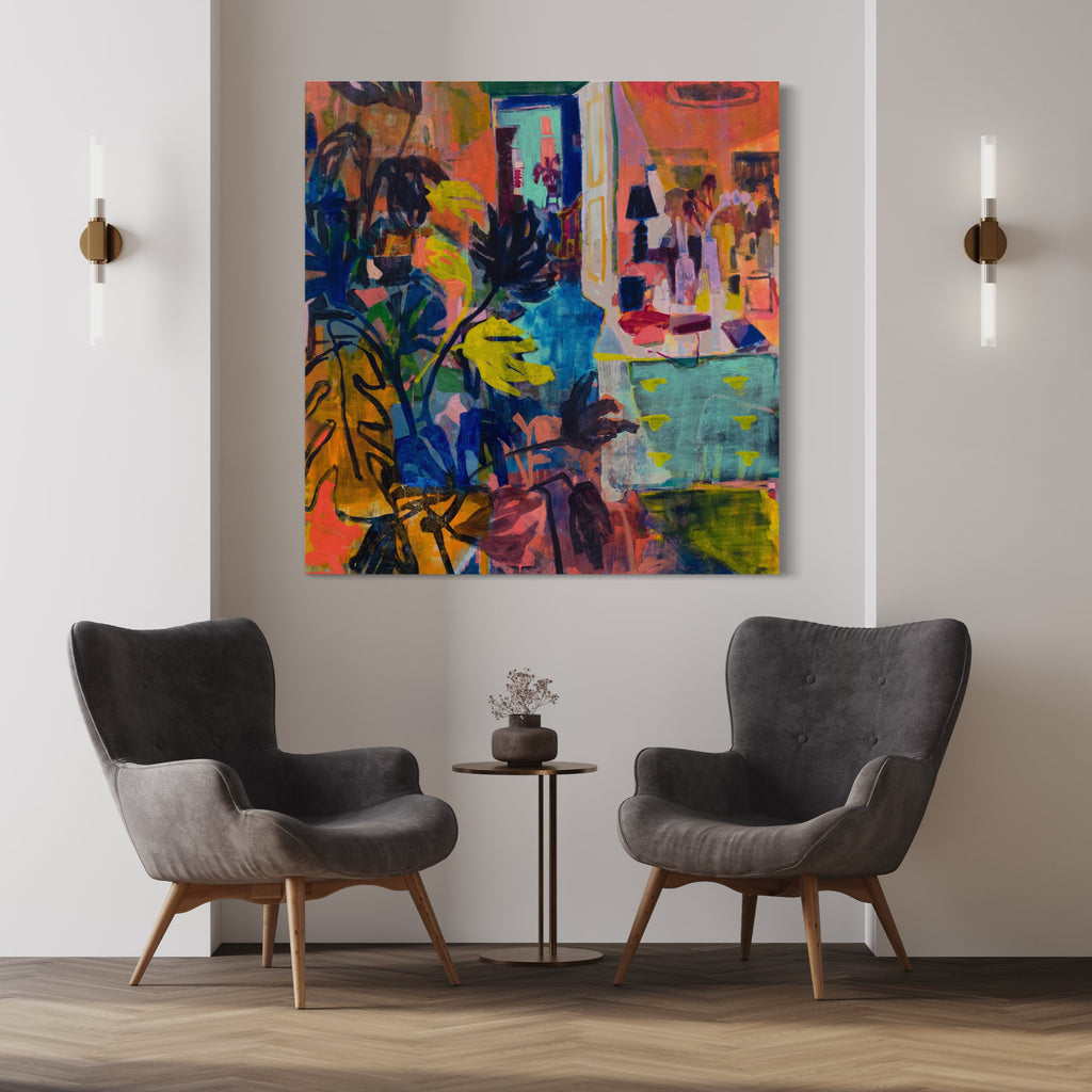 The artwork 'Of What Then' by Allison Gildersleeve features vibrant abstract expressionism with bold tropical foliage in navy and yellow against coral-orange backgrounds. Dynamic brushstrokes create layered spaces with geometric shapes in turquoise, green, and purple, showcasing a blend of oil and acrylic techniques that evoke an energetic indoor-outdoor scene. By Allison Gildersleeve.