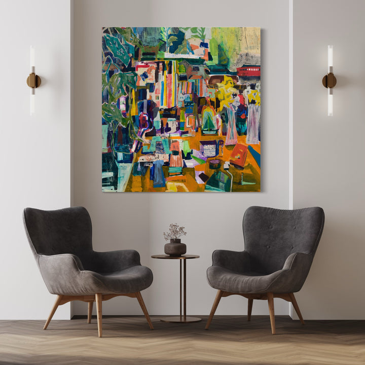 The artwork 'Family Portrait' by Allison Gildersleeve features an abstract composition with vibrant blocks of color including deep greens, yellows, and oranges. Bold brushstrokes create geometric shapes and dynamic movement across the canvas. The oil and acrylic painting combines structured angular forms with loose, expressive elements, creating a modern abstract interpretation measuring 52x50 inches. By Allison Gildersleeve.