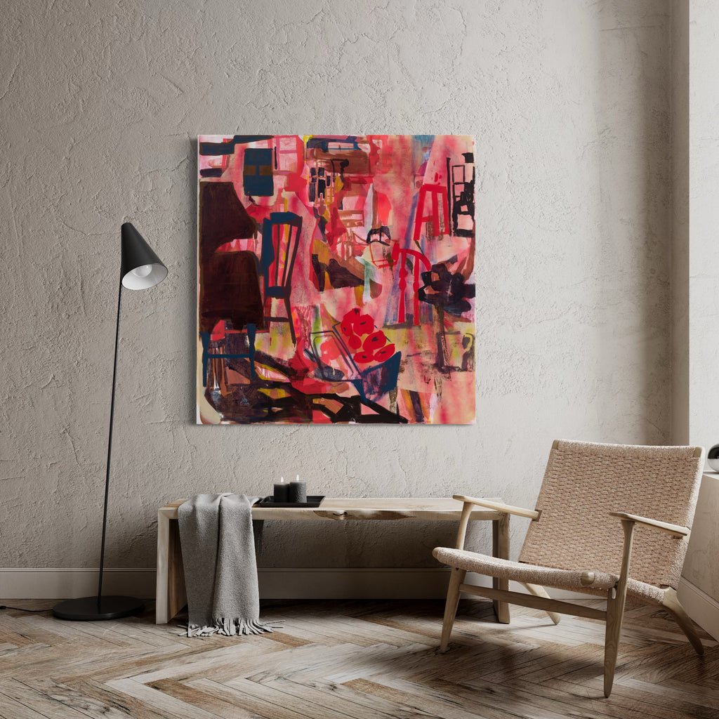 The artwork 'Red Rooms' by Allison Gildersleeve features an abstract composition with dynamic red geometric shapes intertwined with dark angular forms. Bold brushstrokes of pink, coral, and burgundy create depth and movement, while black accents add contrast. The mixed media piece combines oil, acrylic, and spray paint techniques on canvas, creating a vibrant, contemporary urban aesthetic.