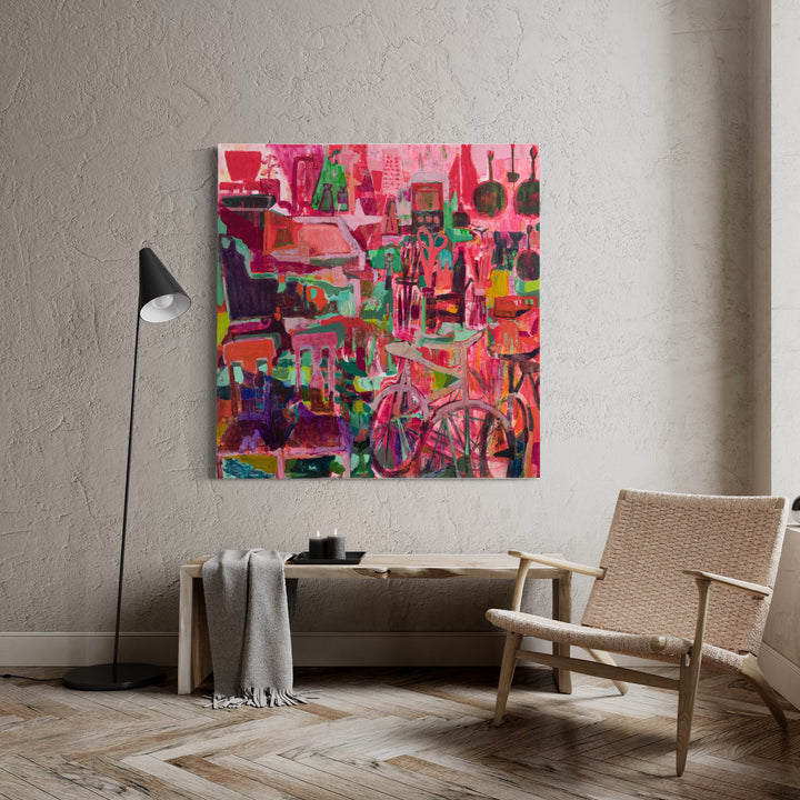 The artwork 'Catch All' by Allison Gildersleeve features a vibrant abstract composition dominated by bold pink hues interwoven with energetic strokes of green, purple, and black. The oil and acrylic painting creates a dynamic urban landscape-like pattern with overlapping geometric shapes and fluid brushstrokes, displaying a contemporary expressionist style on canvas. - Allison Gildersleeve